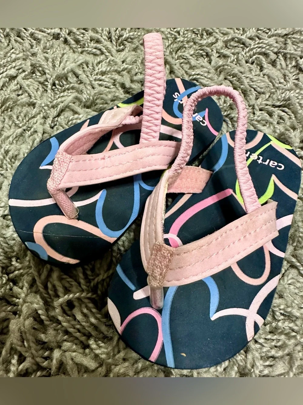 Carter's Navy Flip Flops with Pink Straps and Multicolor Heart Loops